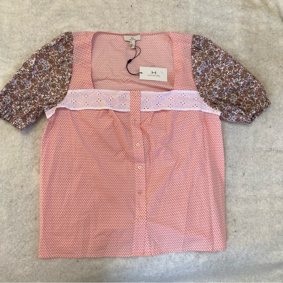 H By Halston Poplin Blouse Square Eyelet Neck Tulip Floral Ditzy Print Size XL - Picture 2 of 9